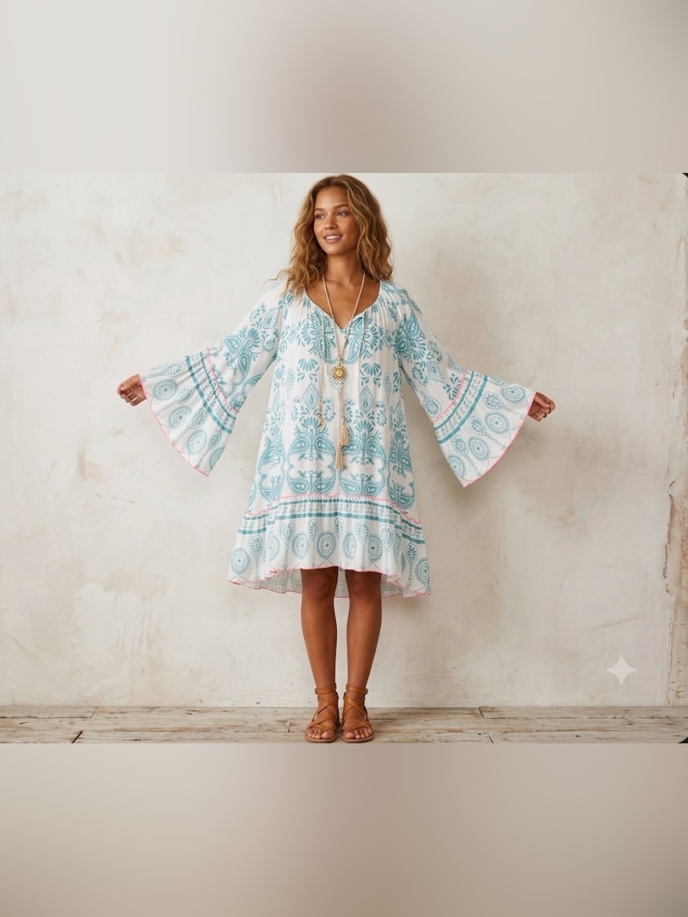 NWT New Collection Italy Teal Paisley Boho Viscose Mini Vacation Dress